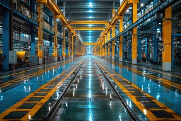 A clean, modern factory with zero emissions and green technology, demonstrating sustainable industrial practices.