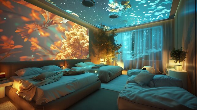 smart bedroom with ceiling-projected visuals for relaxation or entertainment