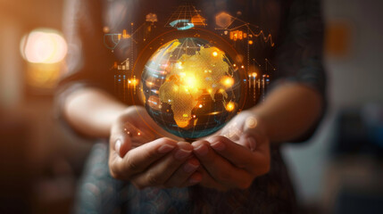 Fototapeta premium Businessman holding a globe with a bunch of numbers and graphs on it