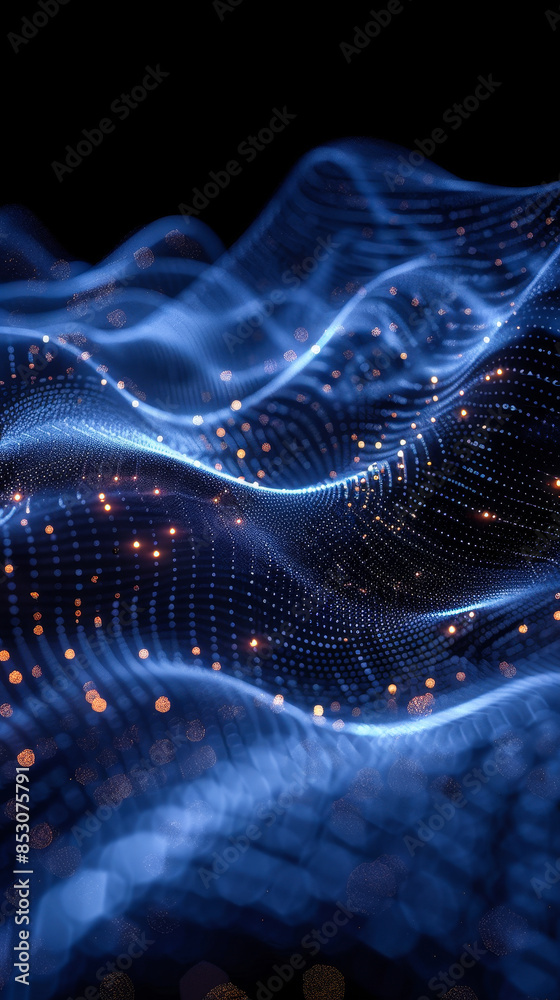 Poster Futuristic Big Data Visualization: High-Tech Particle Network with Abstract 3D Waves and Illuminated Points