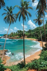 Palm Trees on a Tropical Beach: A picturesque view of tall palm trees swaying over a pristine, sandy beach with clear blue water in the background. 