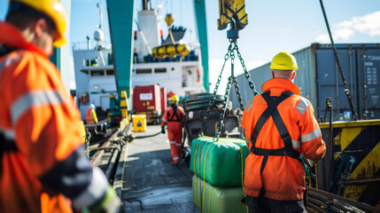 Workers in orange safety gear manage loading operations on a commercial ship at a busy port under clear blue skies.
