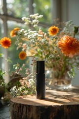 Obraz premium Wide-angle perspective of a chic, modern aromatherapy roll-on, matte black finish, resting on a wooden slab, soft focus on a floral arrangement in the background