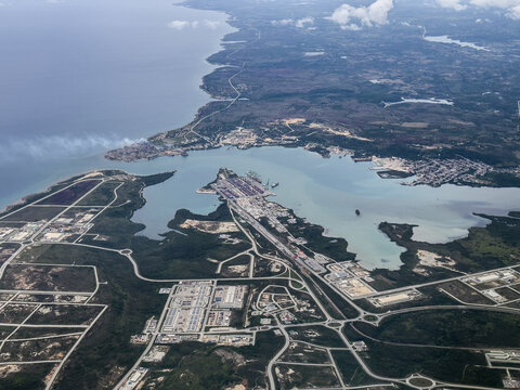 aerial landscape view of Mariel Bay located the Artemisa Province, west of Havana, Cuba with big container ship port. Port Mariel is the closest port to USA