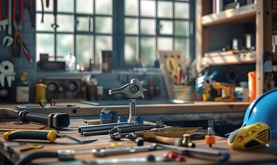 Plumbing Essentials Desk with Tools, Model House, Pipe Wrench, Faucet, and Blue Hat for Shop and...