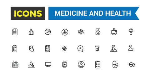 Medicine and Health symbols icon set. Editable vector icon and illustration.