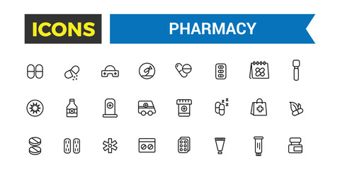 Pharmacy, medicine, healthcare thin line icons. Editable vector icon and illustration.