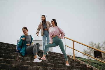 Fitness and friendship concept with three young women pausing their stair exercise routine to chat and relax together.