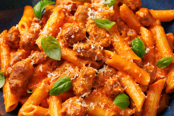 Homemade sausage and fennel pasta with cream tomato sauce