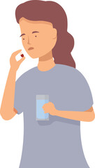 Young woman is taking a pill with water, her face expressing discomfort