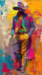 Fototapeta premium Vivid abstract painting of a stylish cowboy with a colorful hat and coat strolling confidently against a textured background.