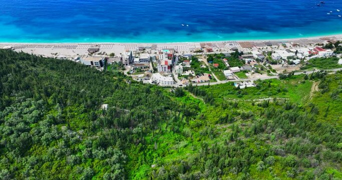 Aerial view of Dhermi beach and the blue Ionian sea in Vlore, southern Albania. 