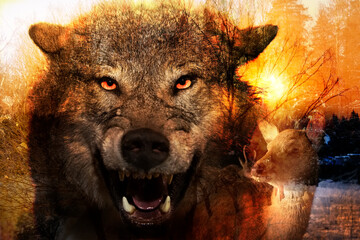 Angry hungry wolf on the hunt