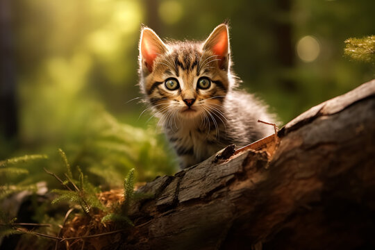 A kitten is sitting on a log in the woods