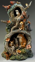 Detailed animal figurine sculpture featuring various woodland creatures in a hollow tree habitat, with intricate craftsmanship and natural colors.