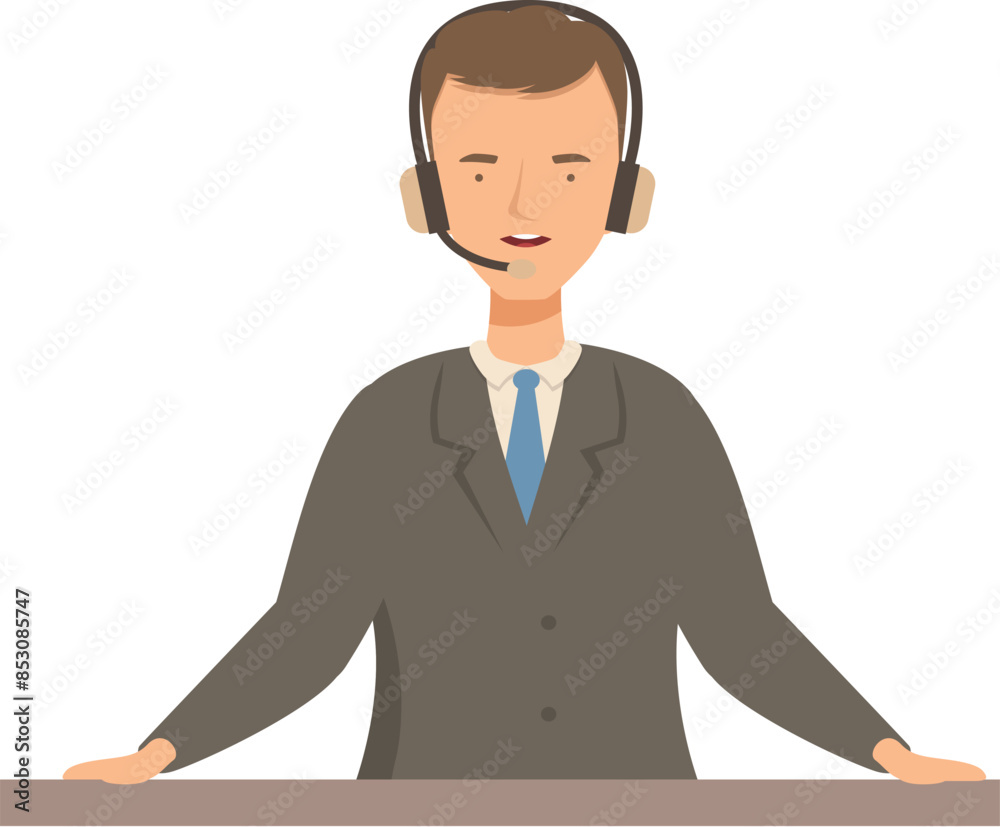 Poster call center operator is smiling while wearing a headset and leaning on a counter