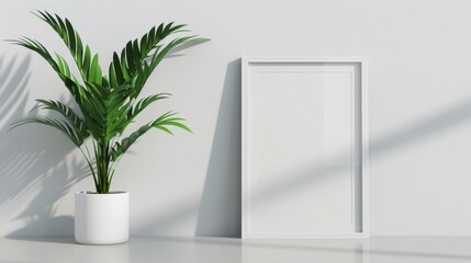 Modern white room mock-up featuring an empty poster frame and a lush potted plant, minimalist style with a focus on simplicity and natural elements