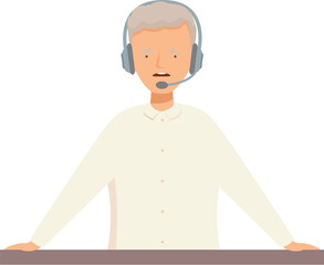 Call center employee wearing headset is speaking into microphone