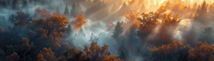 Golden Sunlight Through Misty Autumn Forest Nature Photography