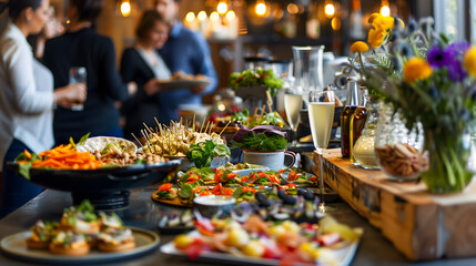 Un buffet de nourriture et de boisson lors d'une réception.