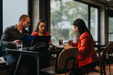 Young business entrepreneurs in a casual meeting discussing strategies and ideas in a modern office setting with natural light.