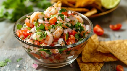 Fresh shrimp ceviche with tomato, onion, cilantro, and lime served in a glass bowl, accompanied by tortilla chips on a rustic gray background.