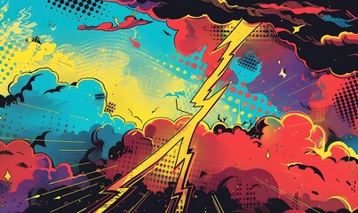 Retro Pop Art Thunderstorm Bold, Colorful Comic Panels with Striking Lightning