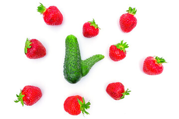 Ripe Strawberries Scattered Around Cucumber with Phallic Abnormality