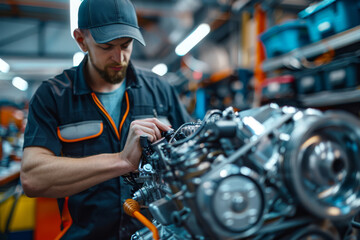 Mechanic in uniform working on a car engine in a workshop, focusing on repairing and maintaining vehicle components.