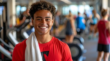 Fototapeta premium Young man smiling at the gym with a towel over his shoulder. This image captures the energy and spirit of fitness. Perfect for health and wellness content, gym promotions, or lifestyle blogs. AI