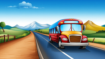 Fototapeta premium Illustration in a cartoon style depicting a School Bus is driving on a road 