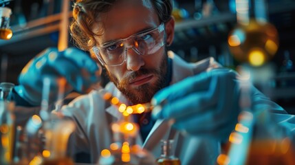 Scientist conducting laboratory experiment with focus and precision using various glassware and chemicals in a research environment.