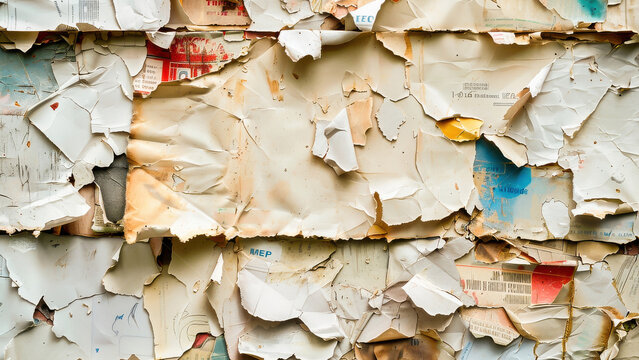 Close-up of a weathered wall with peeling paint and torn layers of vintage posters, creating a rustic and textured background.