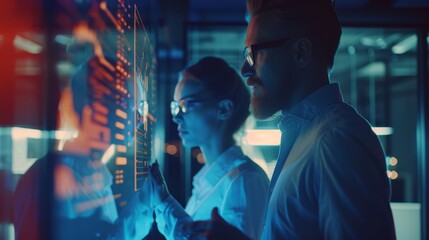 Two professionals analyzing data on a futuristic digital interface in a modern office setting, showcasing advanced technology and collaboration.