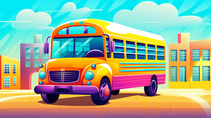 Illustration in a cartoon style depicting a School Bus is driving on a road
