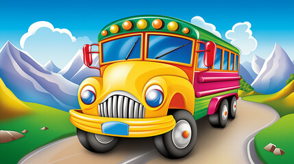 Illustration in a cartoon style depicting a School Bus is driving on a road
