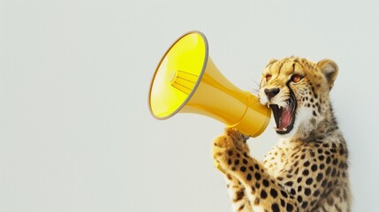 Fototapeta premium The cheetah holds a large yellow megaphone with its paws and says something loudly