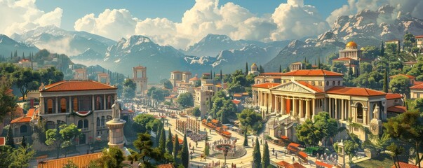 Beautiful panoramic view of an ancient city with mountains in the background, featuring classical architecture and vibrant landscapes.
