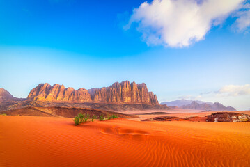 Wadi Rum Desert, Jordan.: Landscape of The Jabal Al Qattar mountains in the red desert. Middle East travel destination