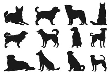 Vector set of dog silhouettes. Black dogs isolated on white.