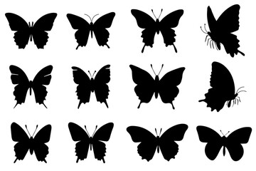 Vector set of silhouettes of flying butterflies. Black butterflies isolated on white.