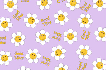 Happy smile face banner in trendy retro style. Colorful round stickers, character icons on a cute background. Vector illustration in 90s graphics for fabric, print, textile, wrapping paper.