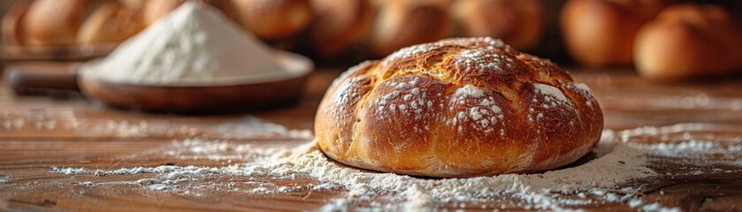 Fototapeta premium Rustic bread loaf with a perfect crust, fresh from the oven, on a wooden table with flour and baking tools