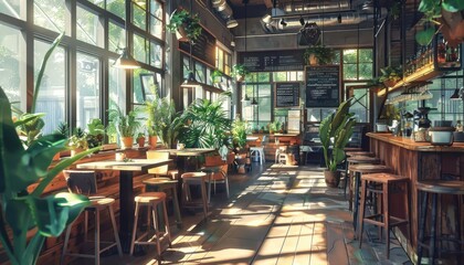 Naklejka premium Cozy modern cafe interior with wooden furniture, lush green plants, and soft natural light pouring through large windows creating a warm ambiance.