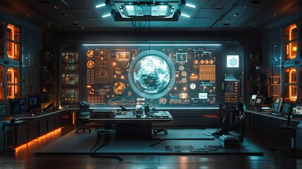 Obraz premium An exhibition room with a large display screen(32:9) presenting an urban planning interface,