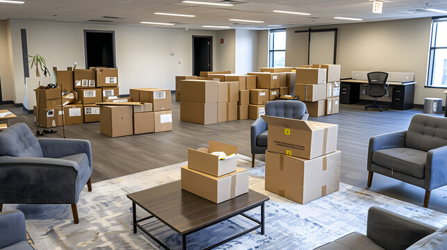 Un bureau en cours de d&eacute;m&eacute;nagement avec de nombreuses bo&icirc;tes en carton et quelques meubles.
