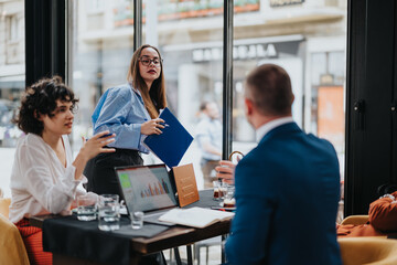 Team of professionals engaging in a business meeting, reviewing charts and documents in a modern coffee bar setting, emphasizing collaboration and teamwork.