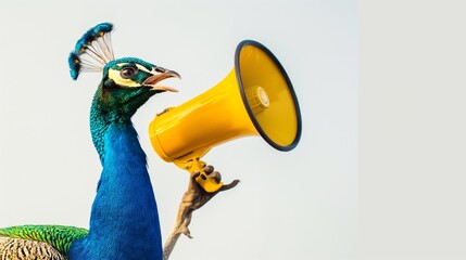 Peacock shouts into a yellow megaphone on an isolated background