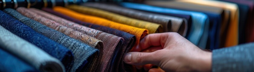 Hand selecting fabric swatches for business suit, professional environment, detailed textures, elegant fabrics, classic colors