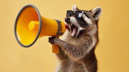 Fototapeta premium Raccoon is wearing sunglasses and speaking into a yellow megaphone on yellow background. Business sales and marketing, discount
